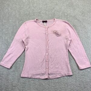 Love Me Kiss Me Top Womens Medium Y2K Pink Cardigan Button w/ Ruffle‎ Floral Vtg
